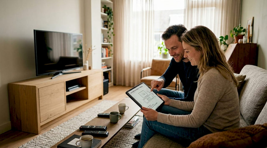 Een stel bekijkt samen het ontwerp van hun op maat gemaakte tv-meubel.