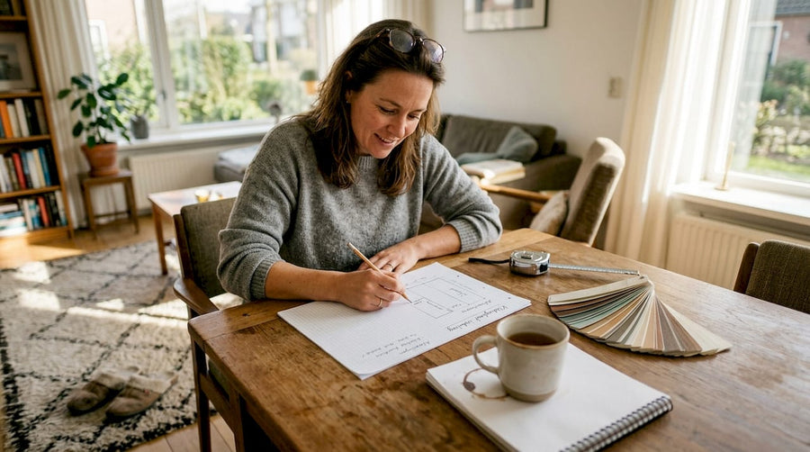 Een vrouw zit thuis aan de eettafel en maakt een schets van haar ideale inloopkast.