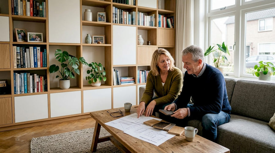Stel bekijkt samen ontwerpen in de buurt van een maatwerkkast
