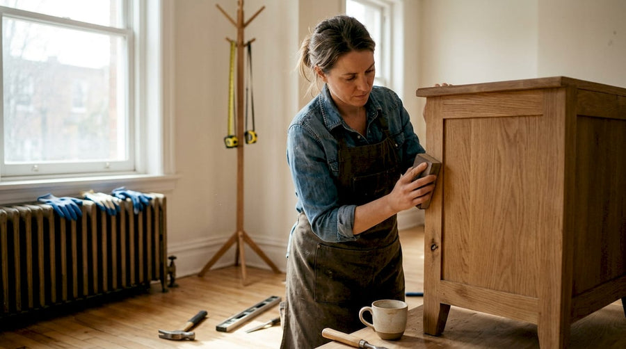 Een meubelmaker is bezig met het maken van een houten kast voor in de woonkamer.