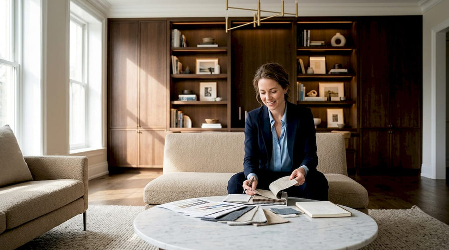 Een vrouw bekijkt kleurstalen in een stijlvol ingerichte woonkamer.