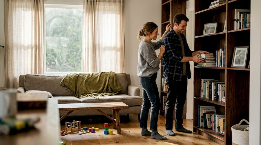 Een stel dat samen hun woonkamer inricht met op maat gemaakte meubels.