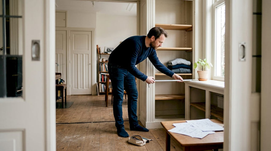 Man bewondert op maat gemaakte luxe kast in zijn woonkamer
