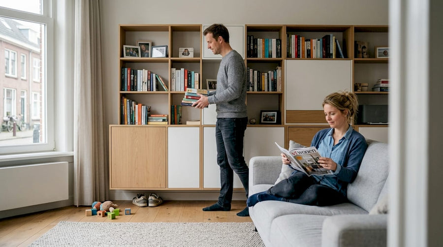 Een gezin brengt samen tijd door in de woonkamer bij een moderne, modulaire kast.