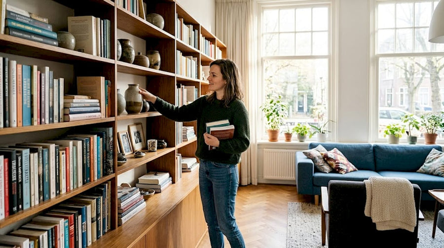 Vrouw richt open kast in lichte woonkamer sfeervol in