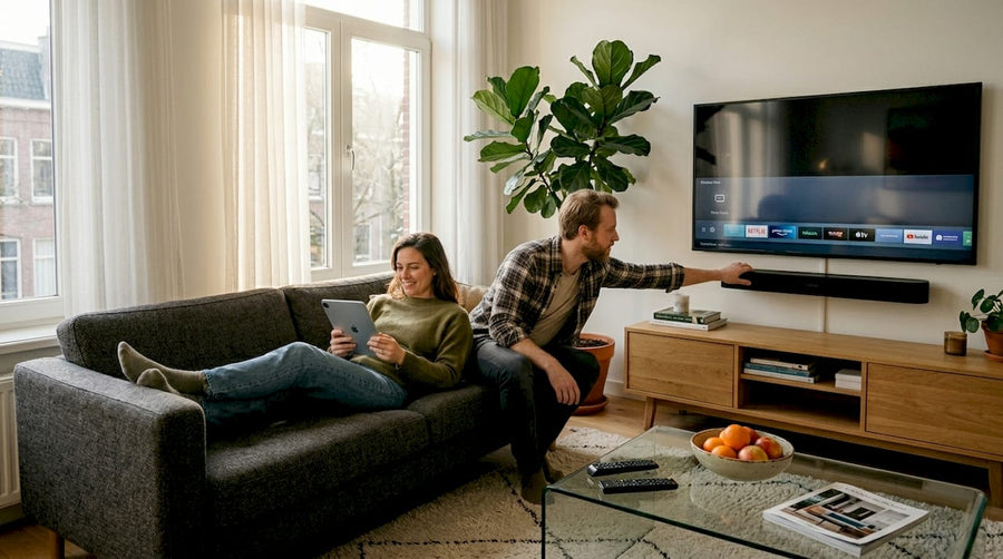 Stel geniet samen van een stijlvolle tv-meubel als middelpunt van de woonkamer.