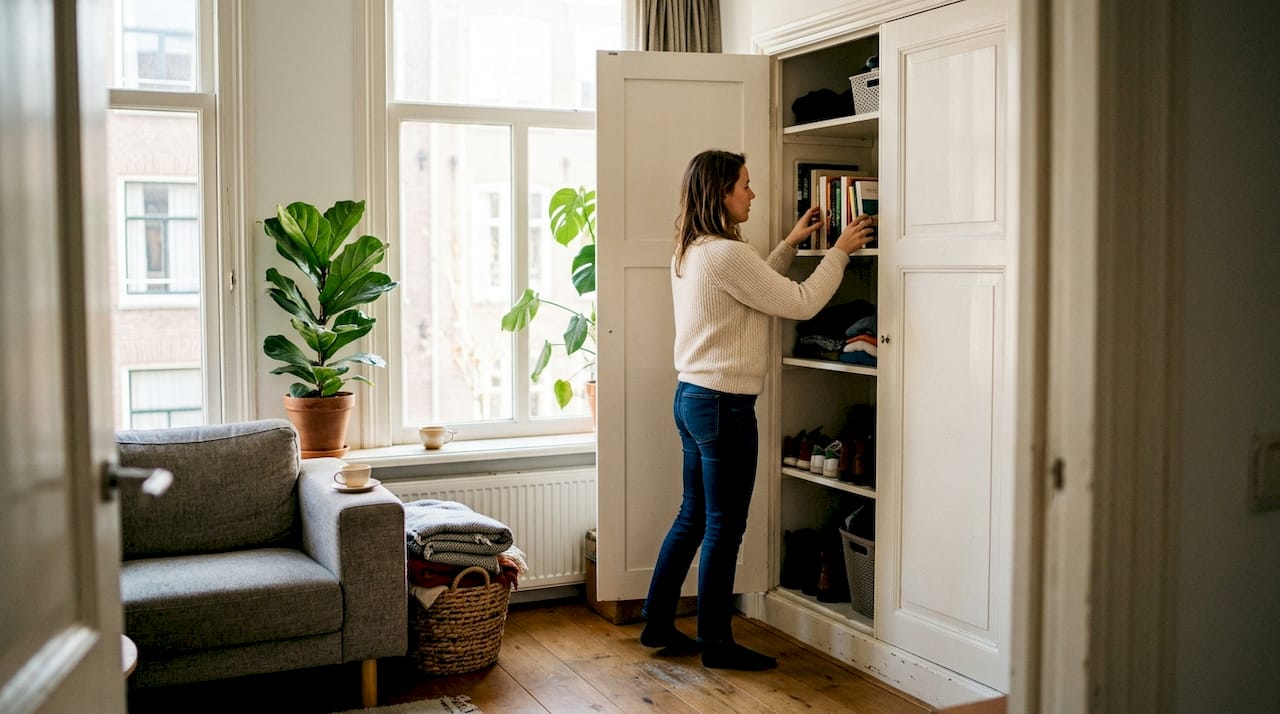 Een vrouw ruimt haar spullen netjes op in een moderne inbouwkast in de woonkamer.