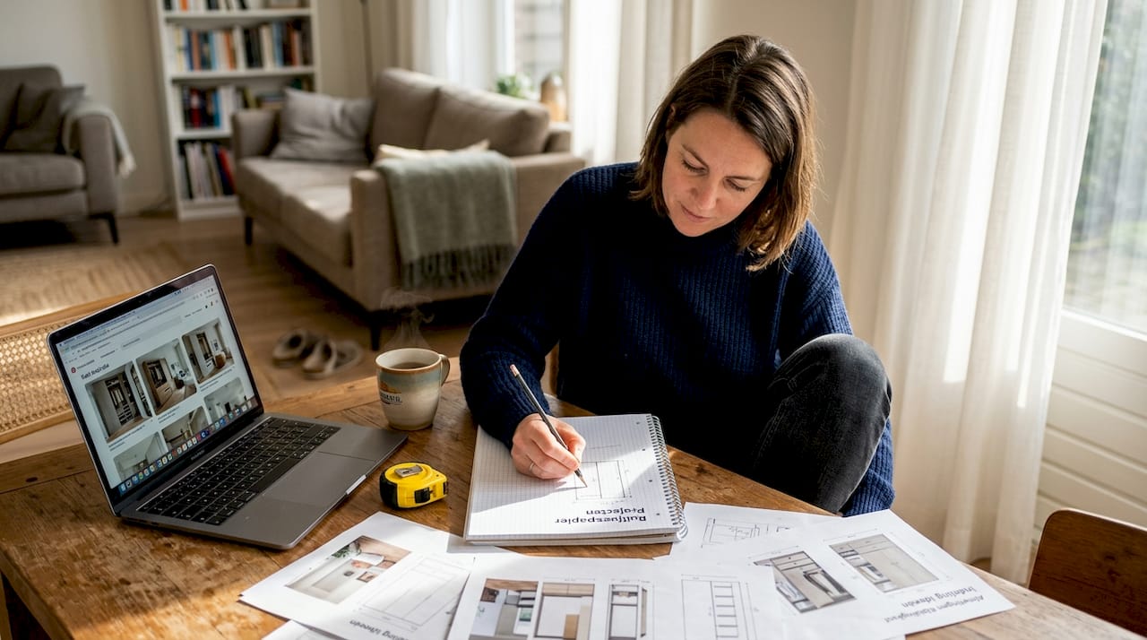 Vrouw ontwerpt op maat gemaakte kast voor haar woonkamer