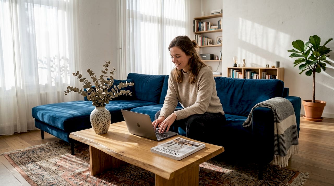 Een vrouw zit ontspannen met haar laptop in een stijlvolle, luxe ingerichte woonkamer.