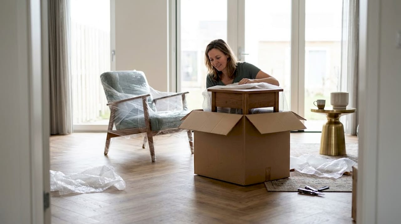 In een lichte woonkamer haalt een vrouw zorgvuldig haar nieuwe, luxe meubels uit de verpakking.