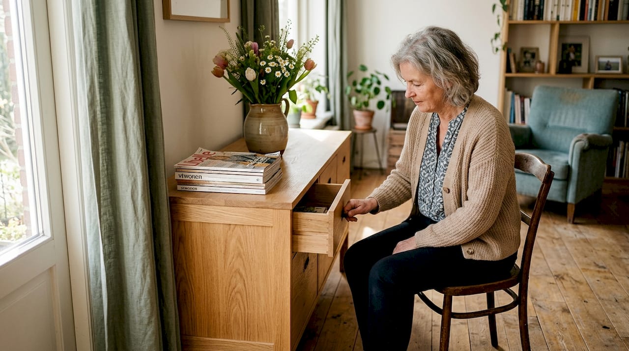 In de woonkamer maakt een vrouw handig gebruik van een kast die speciaal voor haar op maat is gemaakt.
