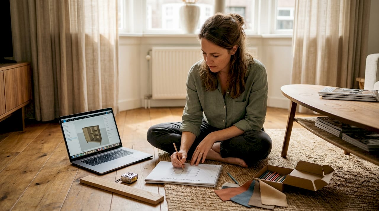 Vrouw ontwerpt zelf een op maat gemaakte kast voor haar woonkamer