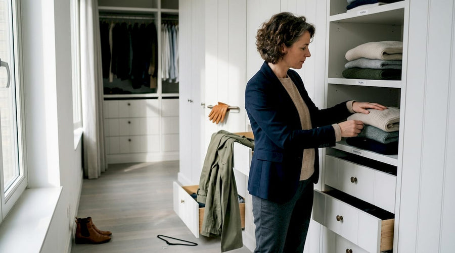 Vrouw ordent haar kleding in een luxe inloopkast op maat