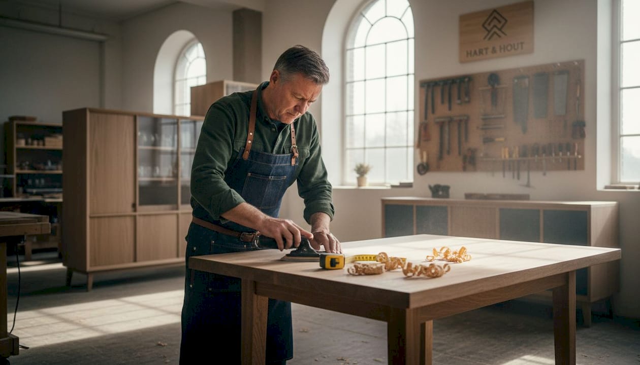 In een zonnig atelier is een meubelmaker geconcentreerd bezig met het schuren van een houten tafel.