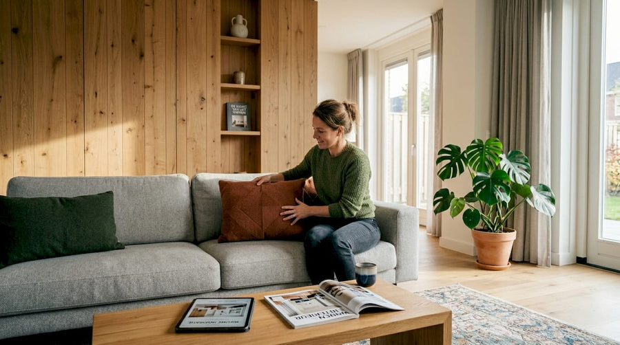 Een vrouw geniet van haar stijlvolle woonkamer met een unieke wandpaneel op maat.