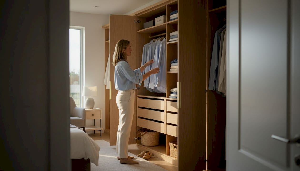 Een vrouw kiest haar outfit uit een stijlvolle, op maat gemaakte kledingkast.