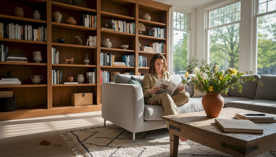 Een vrouw geniet van een goed boek in haar sfeervolle, op maat ingerichte woonkamer.
