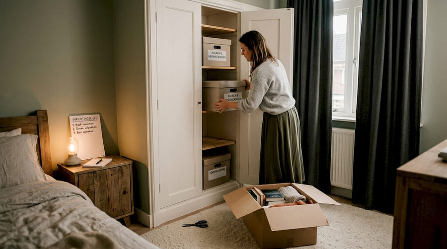 In een lichte woonkamer is een vrouw bezig haar kast netjes in te ruimen.