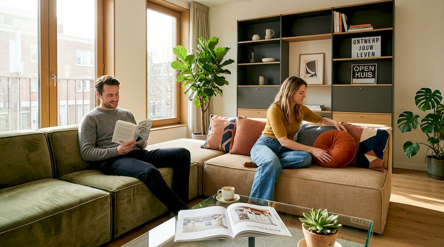 Stel geniet samen van een stijlvolle, moderne woonkamer met een flexibel en luxe interieur.