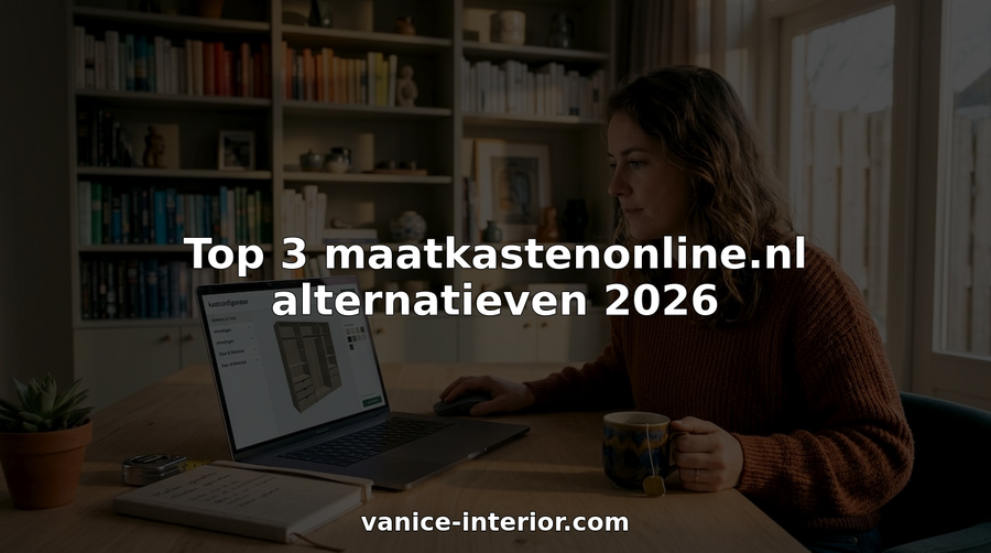 Een vrouw stelt thuis haar ideale kledingkast samen en plaatst online haar bestelling.