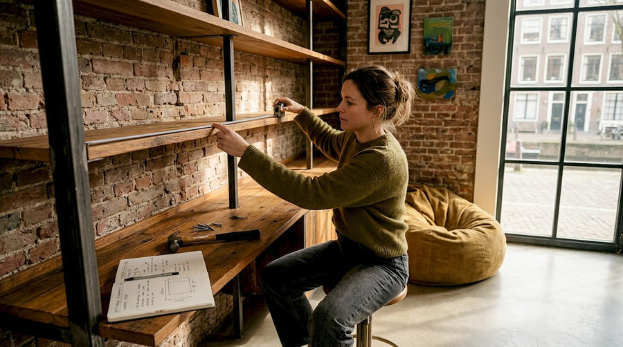 Een vrouw is bezig met het opmeten van planken in haar knusse woonkamer.