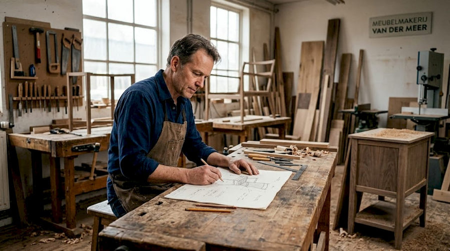 In zijn atelier werkt een man aan het ontwerp van een uniek meubelstuk op maat.