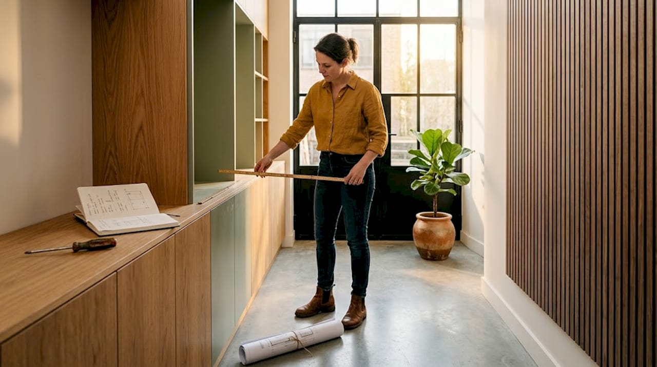De stylist creëert sfeer met stijlvolle wandpanelen en op maat gemaakte kasten.