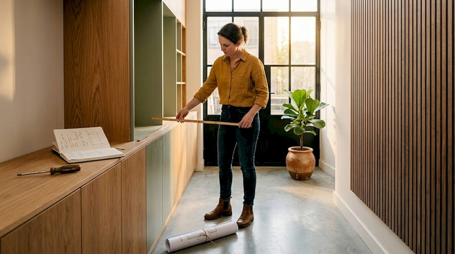 De stylist creëert sfeer met stijlvolle wandpanelen en op maat gemaakte kasten.