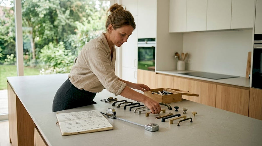 Een vrouw zit aan de keukentafel kastknoppen uit te zoeken.