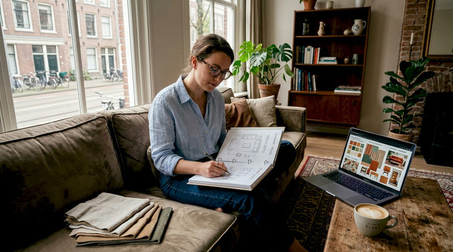 Een ontwerper schetst een nieuw meubelontwerp terwijl hij zich laat inspireren door de sfeer van een gezellig ingerichte woonkamer.