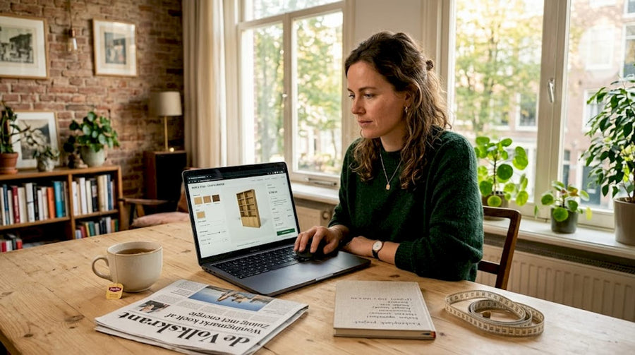 Aan de keukentafel zit een vrouw rustig haar ideale product samen te stellen met een online configurator.