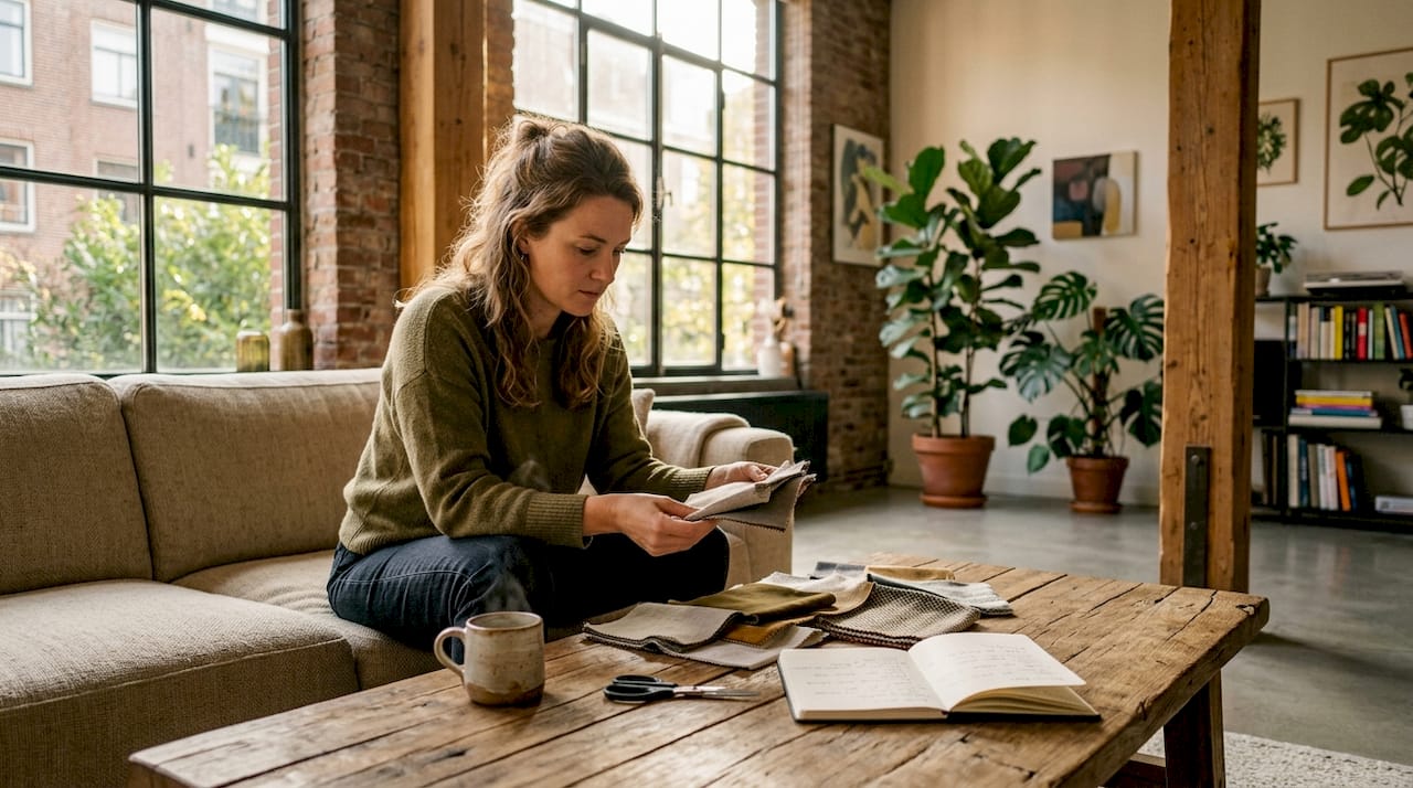 Een vrouw bekijkt verschillende stofstalen in haar woonkamer om te bepalen welke het beste past bij haar interieur.