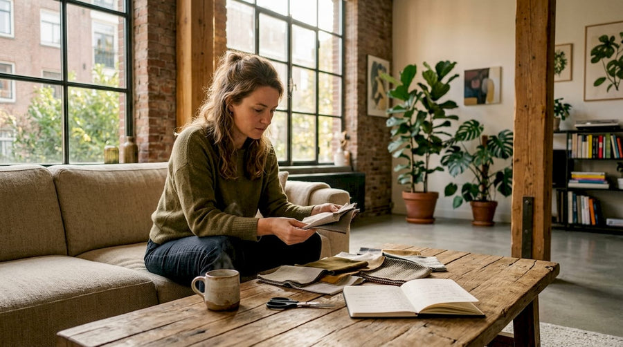 Een vrouw bekijkt verschillende stofstalen in haar woonkamer om te bepalen welke het beste past bij haar interieur.