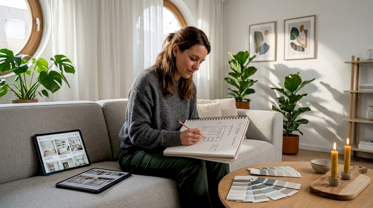Vrouw maakt een schets van een nieuw kastontwerp voor de woonkamer