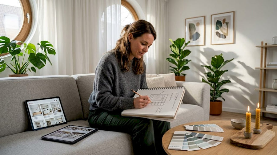 Vrouw maakt een schets van een nieuw kastontwerp voor de woonkamer