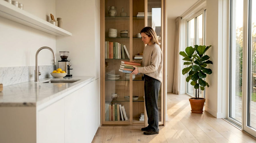 Een vrouw zet haar boeken netjes in een op maat gemaakte boekenkast.
