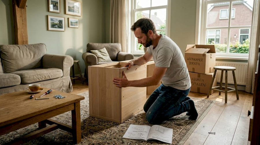 Een man is in de woonkamer bezig met het in elkaar zetten van een kledingkast.