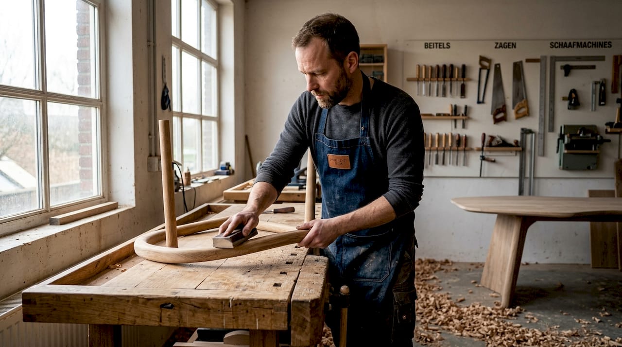 In zijn werkplaats werkt een meubelmaker aan een unieke ronde stoel, volledig op maat gemaakt.