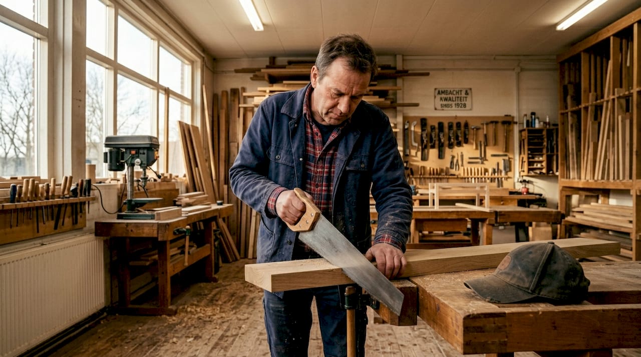 Een man is bezig met hout zagen in zijn eigen werkplaats thuis.
