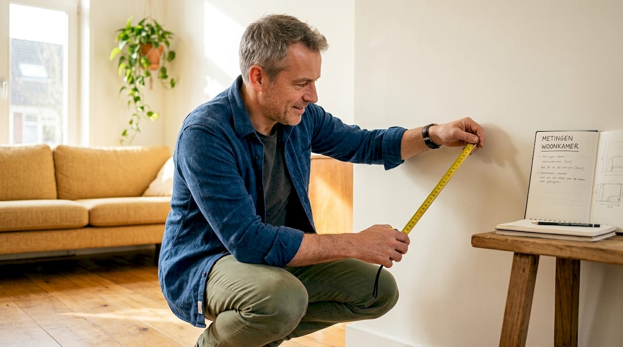 Man staat in de woonkamer de muur op te meten