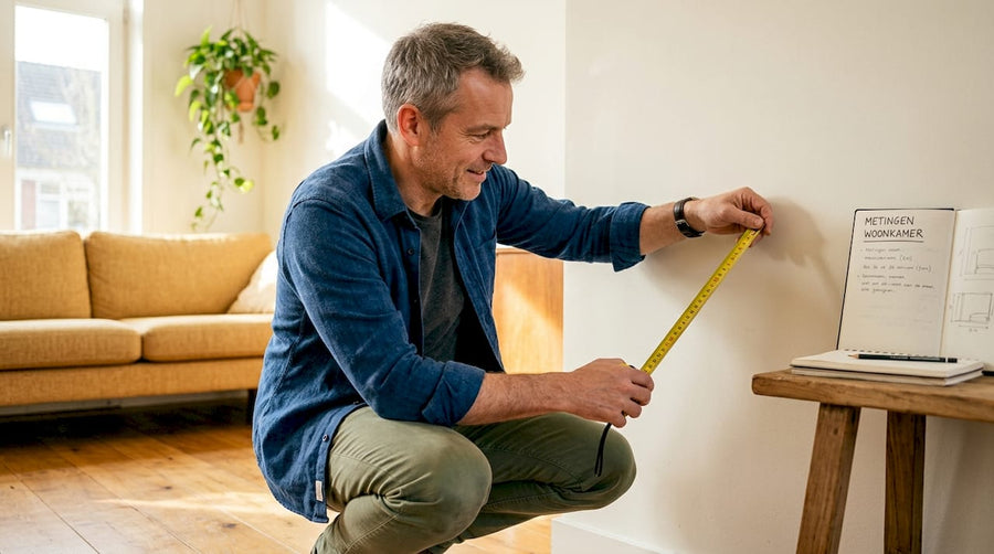 Man staat in de woonkamer de muur op te meten