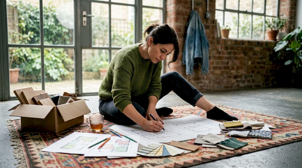 Een interieurontwerper werkt aan een plattegrond voor een appartement.