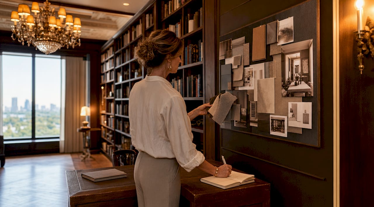 Een interieurontwerper werkt aan het ontwerp van een luxe woonkamer.