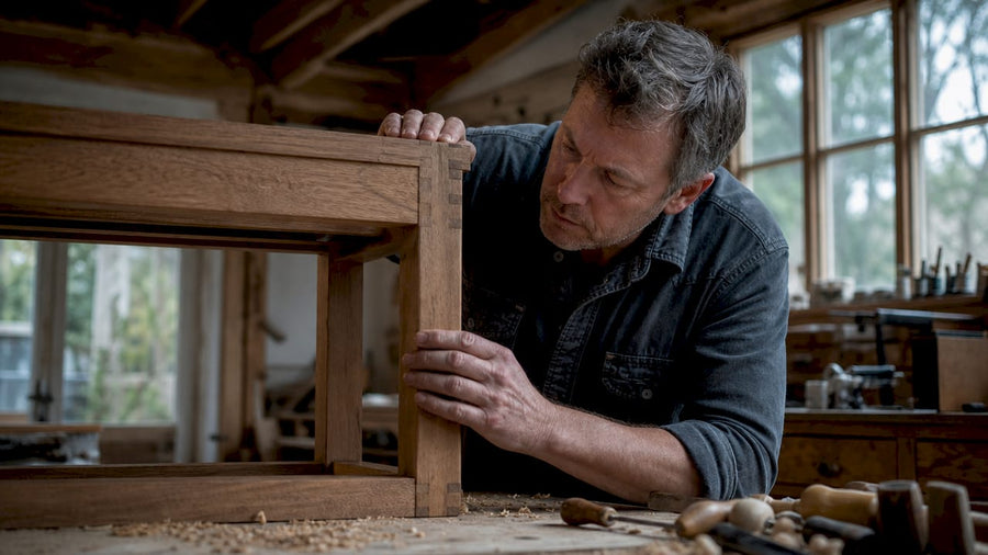 Een man bekijkt een meubelstuk van massief hout nauwkeurig.