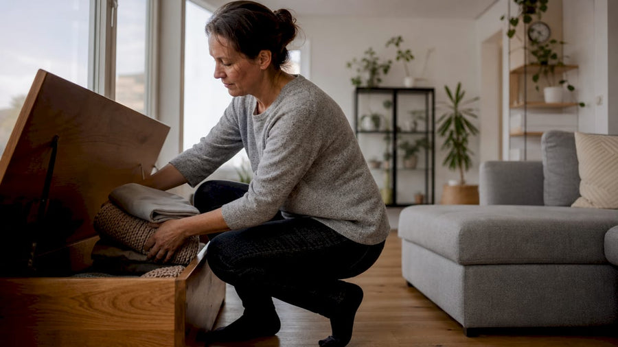 Een vrouw ruimt haar kleding netjes op in een multifunctionele hocker.