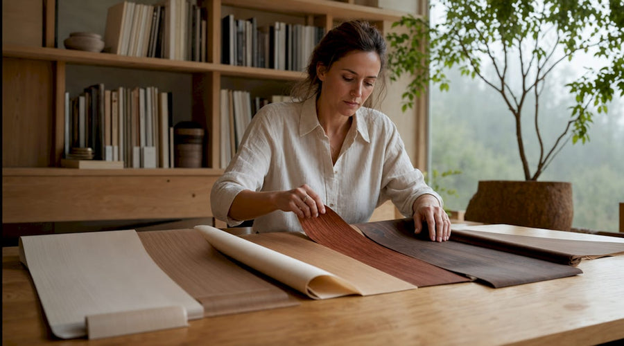 Een interieurontwerper bekijkt verschillende exclusieve fineerstaaltjes van hout om de juiste sfeer voor een luxe interieur te bepalen.