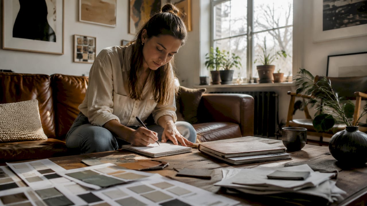 Een interieurstylist loopt zorgvuldig de checklist na terwijl hij in de woonkamer aan het werk is.