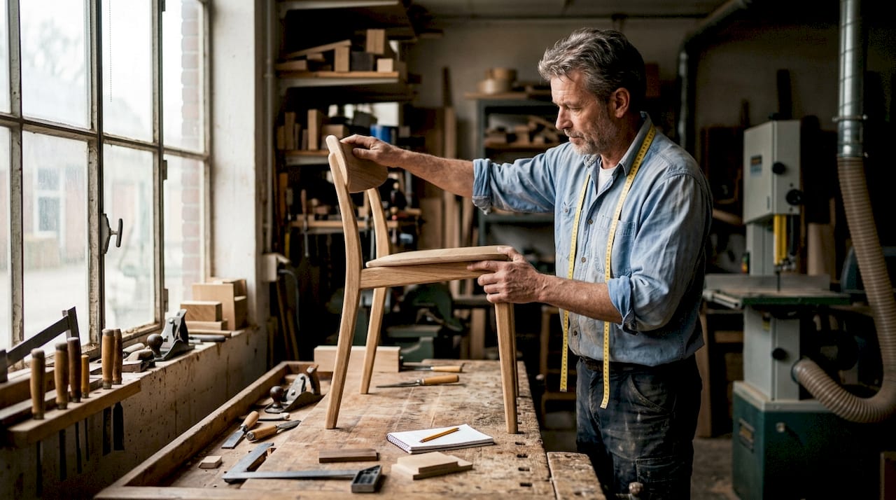 Een inspecteur neemt de houten stoel grondig onder de loep.